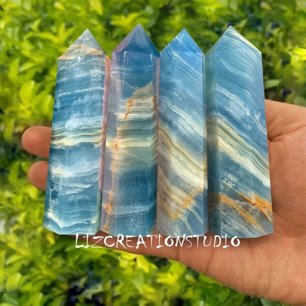 Blue Onyx Polished Tower Point- Mineral Specimen Gemstone Crystal Obelisk Wand- Reiki Healing Crystal Sagittarians Birthstone Gift