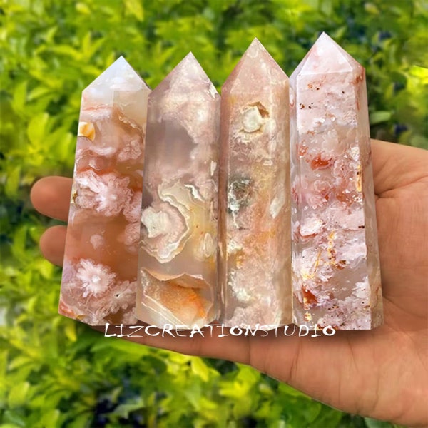 Flower Agate Gemstone Tower-Cherry Blossom Agate Tower Point-Crystal Obelisk Wand-Throat Chakra Stone Polished Healing Crystal Home Decor