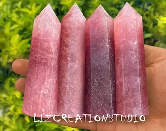 Strawberry Quartz Crystal Tower Point - Natural Stone Carved and Polished Crystals - Throat Chakra Stone Obelisk Home Decoration
