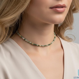 Dainty Moss Agate Choker, Minimalist Green Crystal Necklace, Natural Stone Jewelry, New Beginnings Gift