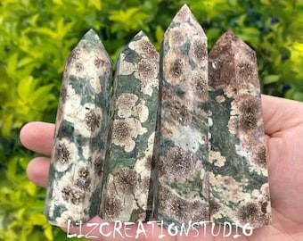 Green Flower Agate Point-Natural Sakura Flower Agate Tower-Root Chakra Stone-Healing Crystal Reiki Gemstone Meditation Gift