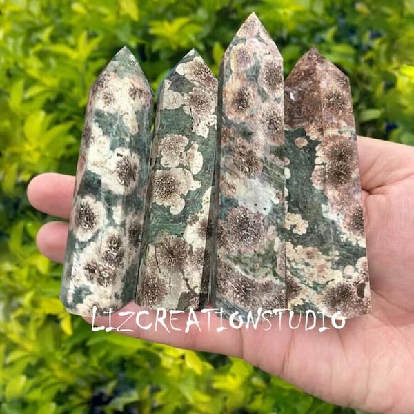 Green Flower Agate Point-Natural Sakura Flower Agate Tower-Root Chakra Stone-Healing Crystal Reiki Gemstone Meditation Gift