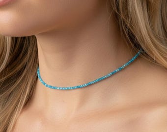 Blue Apatite Crystal Dainty Choker, Natural Gemstone Minimalist Necklace ,Stone of Motivation &Ambition, Focus