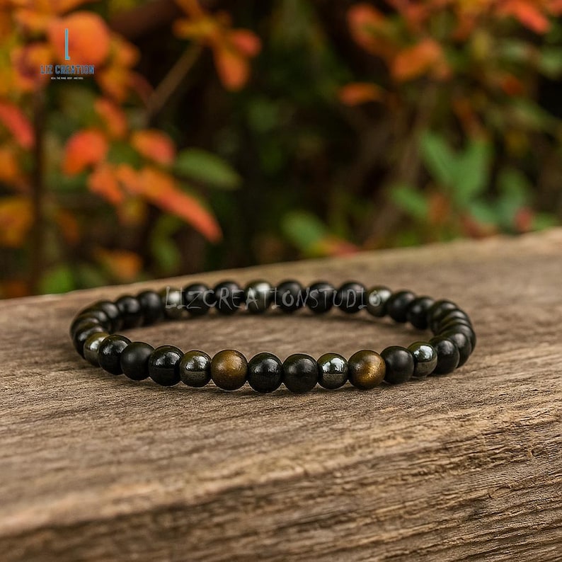 Drievoudige beschermingsarmband, zwarte onyx, natuurlijke zwarte toermalijn, hematietkristal goudglans obsidiaan afbeelding 2