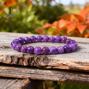 Puede incluir: Una pulsera de cuentas con piedras preciosas redondas y moradas. La pulsera se exhibe sobre una superficie de madera desgastada, con un fondo borroso de follaje verde y naranja. Las cuentas tienen un aspecto veteado.