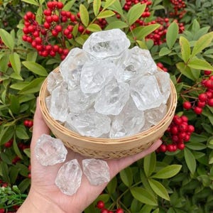 May include: A collection of clear quartz crystals in a small woven basket, with several crystals held in a hand. The crystals are irregularly shaped and translucent. The background features green leaves and red berries.