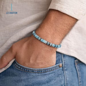 Aquamarijn kristal armband heren - natuurlijke hematiet edelsteen armband - keelchakra, geboortesteen maart