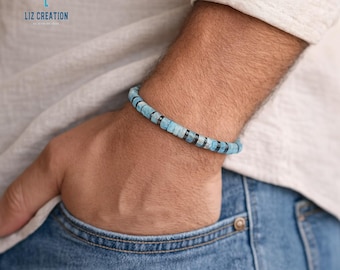 Men's Aquamarine Crystal Bracelet -Natural Hematite Gemstone Bracelet- Throat Chakra, March Birthstone Gift