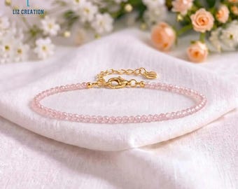 Pulsera minimalista de cristal de cuarzo rosa - Delicada joyería de piedras preciosas rosas - Chakra del corazón, amor propio, regalos para damas de honor