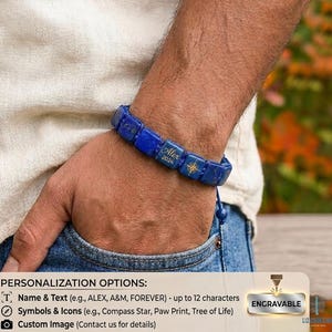Pulsera de cristal lapislázuli grabada a medida para hombre: Regalo personalizado, Chakra de la garganta, Piedra de la sabiduría y la verdad