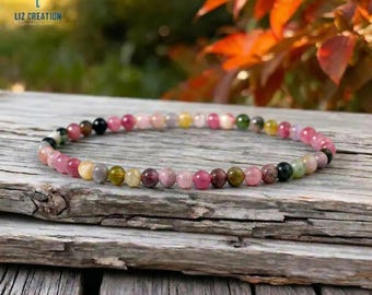 4MM Rainbow Tourmaline Crystal Healing Bracelet -Natural Stone Bracelet- October Birthstone, Stackable, Crown Chakra