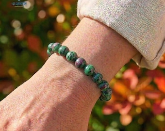 Pulsera de rubí natural en zoisita - Cuenta grande de anyolita de 10 mm - Sanación del chakra del corazón - Regalo de vitalidad
