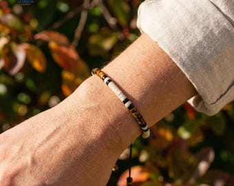 Dainty Tiger Eye & Howlite Bracelet -Natural Minimalist Protection Crystal Gift - Zen Focus Energy Jewelry
