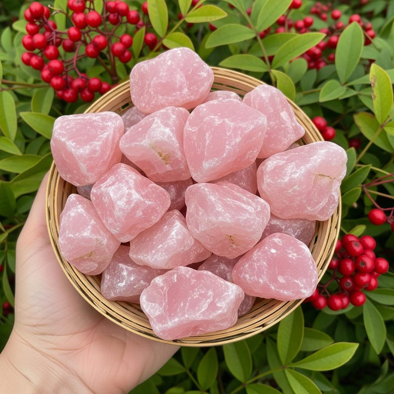 May include: A woven basket filled with raw, pink rose quartz crystals. The crystals have a rough, natural texture and varying shades of pink. The basket is held in a hand, with green leaves and red berries in the background.