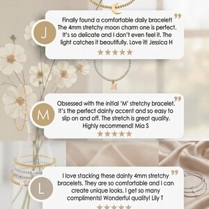 May include: A display of delicate bracelets, including a gold beaded bracelet with a crescent moon charm, and a silver bracelet with an initial 'M' charm. The image includes customer reviews and the text "Liz Creation Studio."