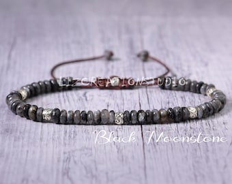 Black Moonstone Minimal Bracelet -Natural Stone Dainty Bracelet- Healing Crystal Bracelet-Delicate Spiritual Protection June Birthstone Gift