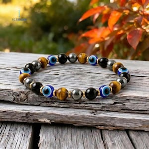 Triple Protection Evil Eye Bracelet - Natural Gemstone Tiger Eye, Black Obsidian, Hematite Crystal Gift