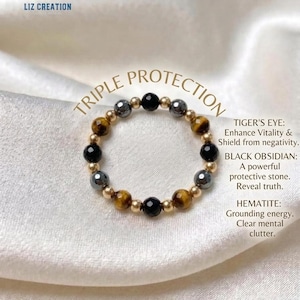 Anillo de cristal de triple protección delicado: obsidiana, hematita, ojo de tigre, protección y conexión a tierra. Regalo minimalista.