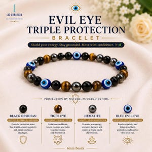 Könnte beinhalten: Ein Perlenarmband mit 6mm großen Perlen aus schwarzem Obsidian, Tigerauge, Hämatit und blauen Schutzaugen-Anhängern. Der Text lautet Evil Eye Triple Protection Bracelet, Shield your energy. Stay grounded. Move with confidence. Protection by nature.