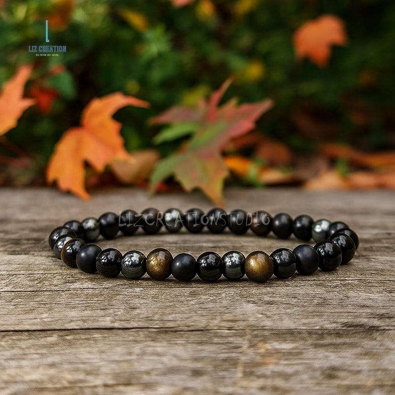 Drievoudige beschermingsarmband, zwarte onyx, natuurlijke zwarte toermalijn, hematietkristal goudglans obsidiaan afbeelding 3