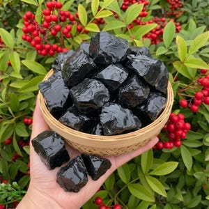 May include: A hand holding a woven basket filled with rough, black obsidian stones. The stones have a glossy, reflective surface. The background features green leaves and red berries.