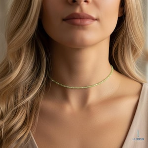 Dainty Peridot Choker Necklace, Genuine Crystal Jewelry, August Birthstone Gift, Minimalist Green Stone Choker