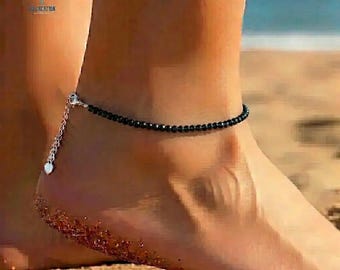Dainty Black Obsidian Anklet • Minimalist Protection Crystal Ankle Bracelet • Delicate Black Stone Jewelry Gift