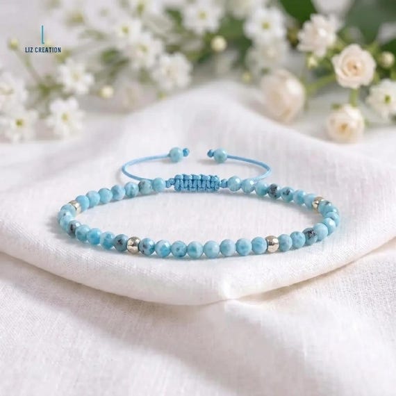 Dainty Larimar Crystal Healing Bracelet -Natural Stone Minimalist Bracelet- Throat Chakra, Divine Feminine Energy