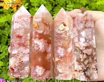 Flower Agate Gemstone Tower- Cherry Blossom Agate Point- Flower Agate Crystal Obelisk Wand- Throat Chakra Stone Polished Crystal, Home Decor