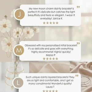 May include: Gold-colored dainty layered bracelets with moon, infinity, and initial charms. The image includes customer reviews and the text "Liz Creation Studio."