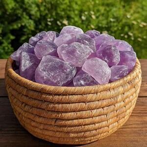 May include: A woven basket filled with raw amethyst crystals. The crystals vary in shades of purple, from light lavender to deep violet. The basket is made of natural-colored woven material and sits on a wooden surface, with a blurred green background.