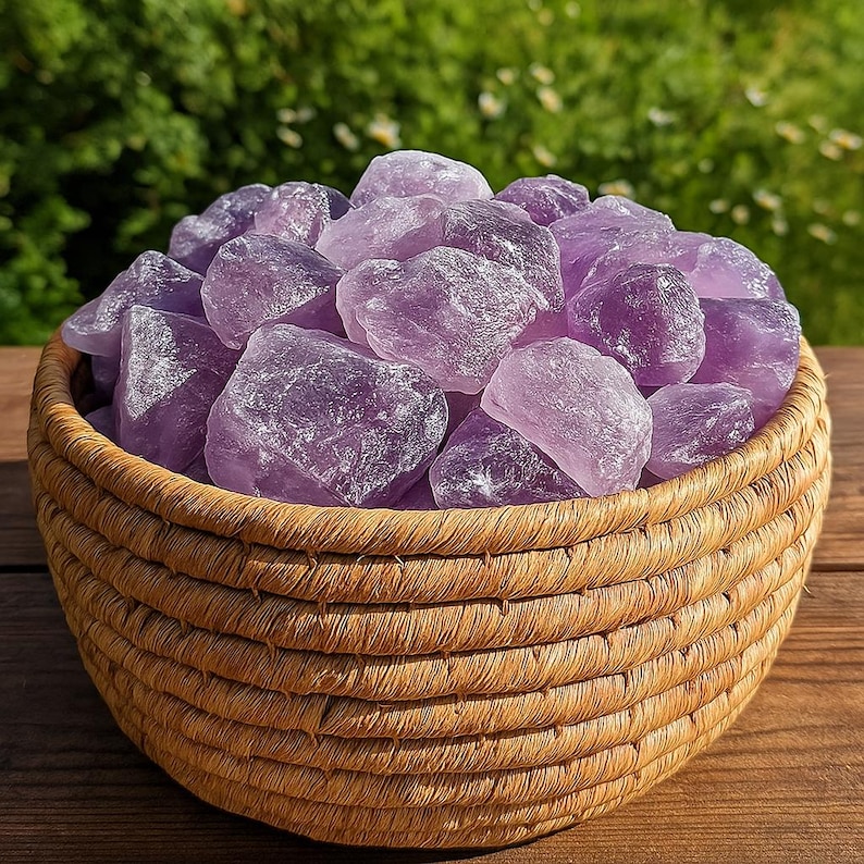 May include: A woven basket filled with raw amethyst crystals. The crystals vary in shades of purple, from light lavender to deep violet. The basket is made of natural-colored woven material and sits on a wooden surface, with a blurred green background.