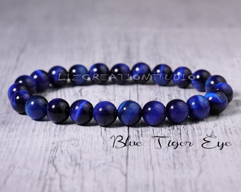 Blue Tiger's Eye Beaded Bracelet - Natural Stone Stretch Bracelet- Healing Crystal Yoga Bracelet -Spiritual Protection Gift