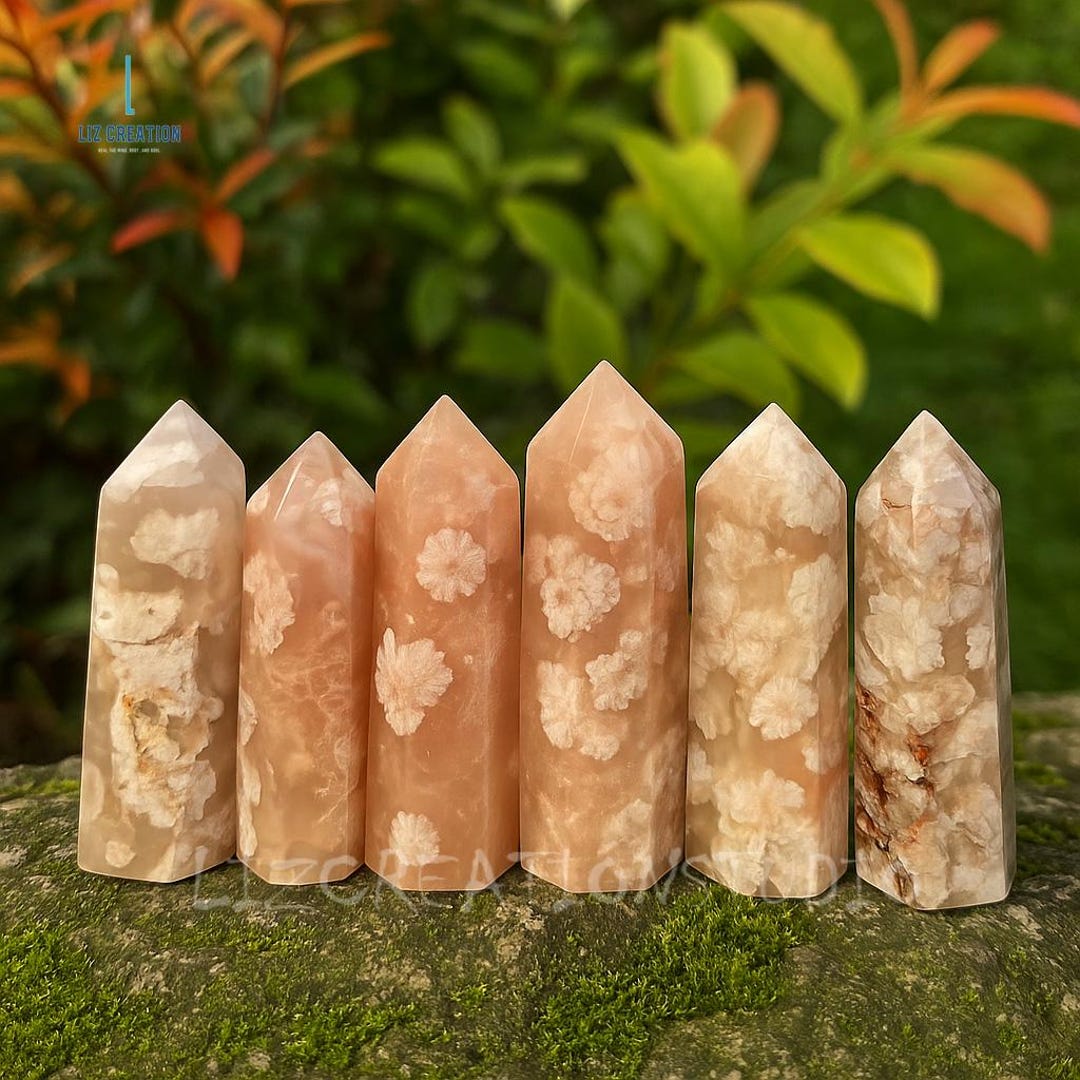 国産鉱物　花石瑪瑙　No.1 置物 木製ベース付き 桜の花瑪瑙タワーポイント - 天然宝石オベリスクワンド、鉱物標本
