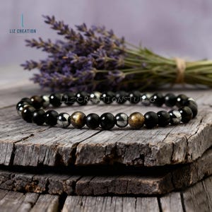 Drievoudige beschermingsarmband, zwarte onyx, natuurlijke zwarte toermalijn, hematietkristal goudglans obsidiaan afbeelding 13
