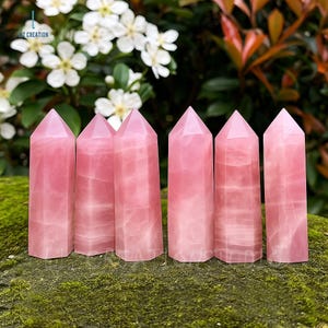 May include: Six pink rose quartz crystal obelisks. Each obelisk has a rectangular base and a pointed top. The crystals are a soft pink color with visible natural patterns. The background includes white flowers and green foliage.