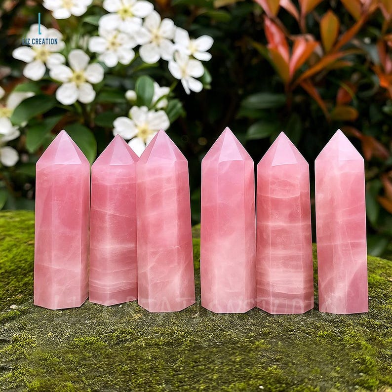 May include: Six pink rose quartz crystal obelisks. Each obelisk has a rectangular base and a pointed top. The crystals are a soft pink color with visible natural patterns. The background includes white flowers and green foliage.