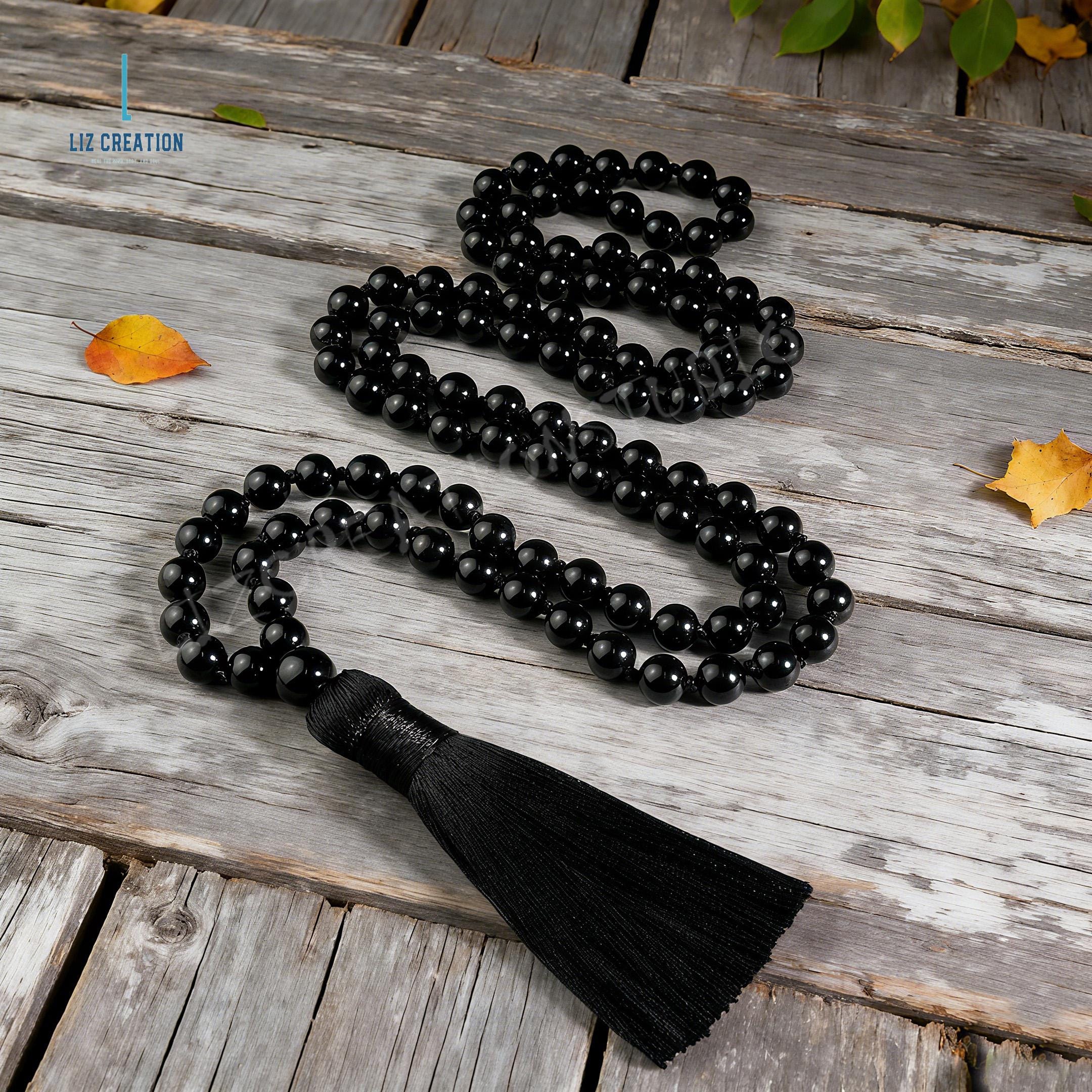 Black Tourmaline Mala Necklace: 108 Bead Knotted Prayer Beads