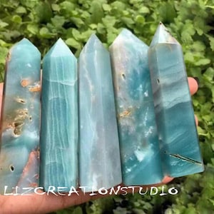 Natural Caribbean Calcite Tower Point-Blue Aragonite Tower-Crystal Obelisk Wand-Chakra Tower-Throat Chakra Healing Crystal Home Decoration