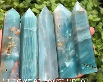 Natural Caribbean Calcite Tower Point-Blue Aragonite Tower-Crystal Obelisk Wand-Chakra Tower-Throat Chakra Healing Crystal Home Decoration