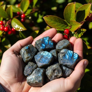 May include: A handful of rough-cut labradorite stones, showcasing iridescent blue flashes. The stones are a mix of gray and blue hues, held against a backdrop of green leaves and red berries.