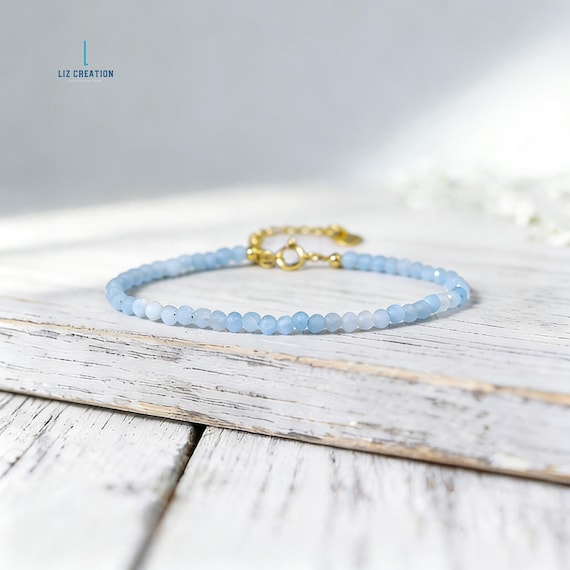 Minimalist Aquamarine Crystal Healing Bracelet -Natural Gemstone Dainty Bracelet- March Birthstone, Throat Chakra