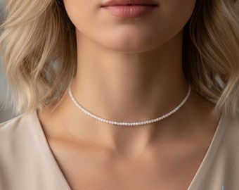 Dainty White Moonstone Choker, Genuine Crystal Necklace, June Birthstone Gift, Minimalist Boho Jewelry
