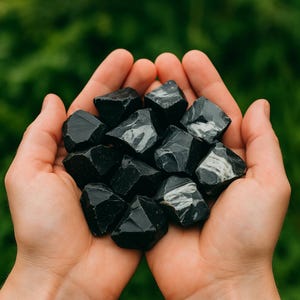 Puede incluir: Un par de manos sostiene una colecci&oacute;n de piedras de obsidiana negras. Las piedras tienen una textura rugosa y facetada, algunas con vetas blancas. El fondo es un verde borroso, lo que sugiere follaje.