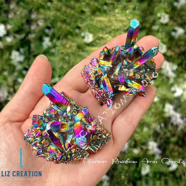 Titanium Rainbow Aura Quartz Cluster -Rainbow Aura Amethyst Cluster - Healing Aura Quartz Crystals and Stones Mineral Specimens Gift