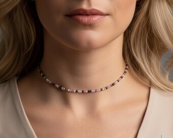 Natural Rainbow Tourmaline Choker, Dainty Beaded Gemstone Necklace, Minimalist October Birthstone Jewelry