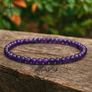 Natural 4mm Amethyst Stone Stretch Dainty Bracelet, Healing Crystal, February Birthstone
