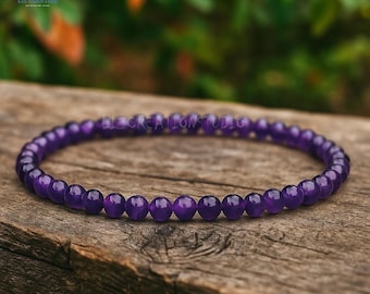 Natural 4mm Amethyst Stone Stretch Dainty Bracelet, Healing Crystal, February Birthstone