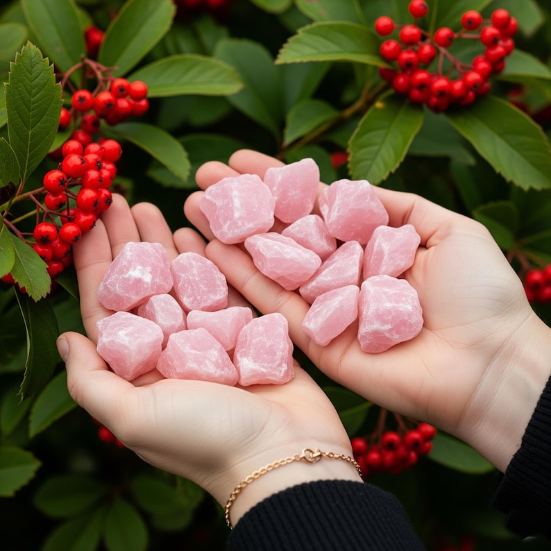 May include: A pair of hands cradles a collection of rough-cut, light pink rose quartz stones. The stones are held against a backdrop of green foliage and bright red berries. A gold bracelet adorns the wrist.