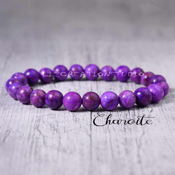 Charoite Bracelet -Natural Stone Stretch Bracelet- Healing Meditation Grounding Crystal Yoga Bracelet- Delicate Spiritual Protection Gift